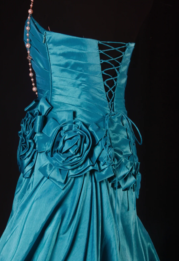 Vintage Strapless Blue Green Satin Pleated Floral Mermaid Long Party Dress Evening Gown - View 6 | VelvetHem