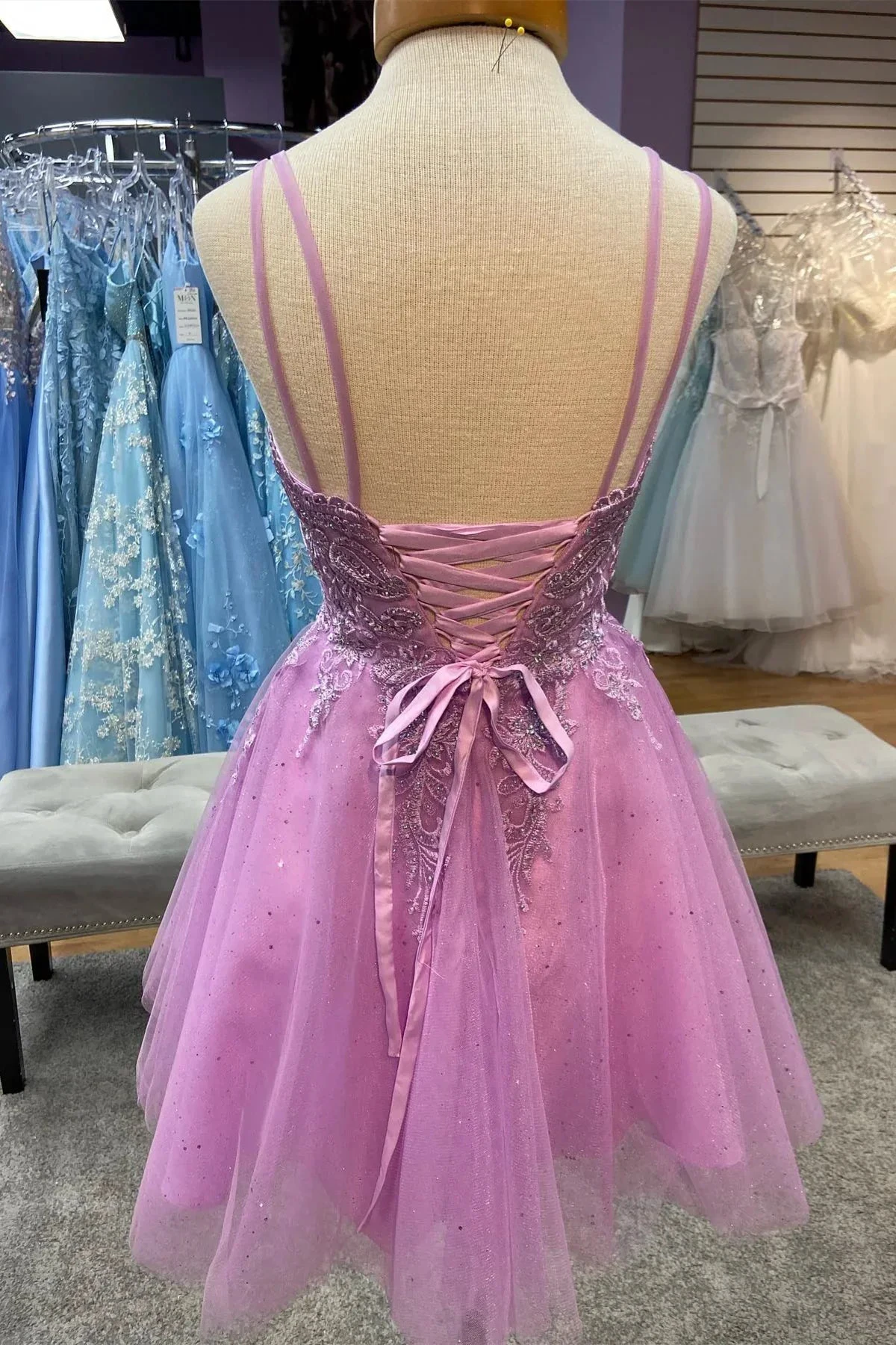 Hunter Green Plunging V Neck Straps Appliques Tulle Homecoming Dress (ZD12251)