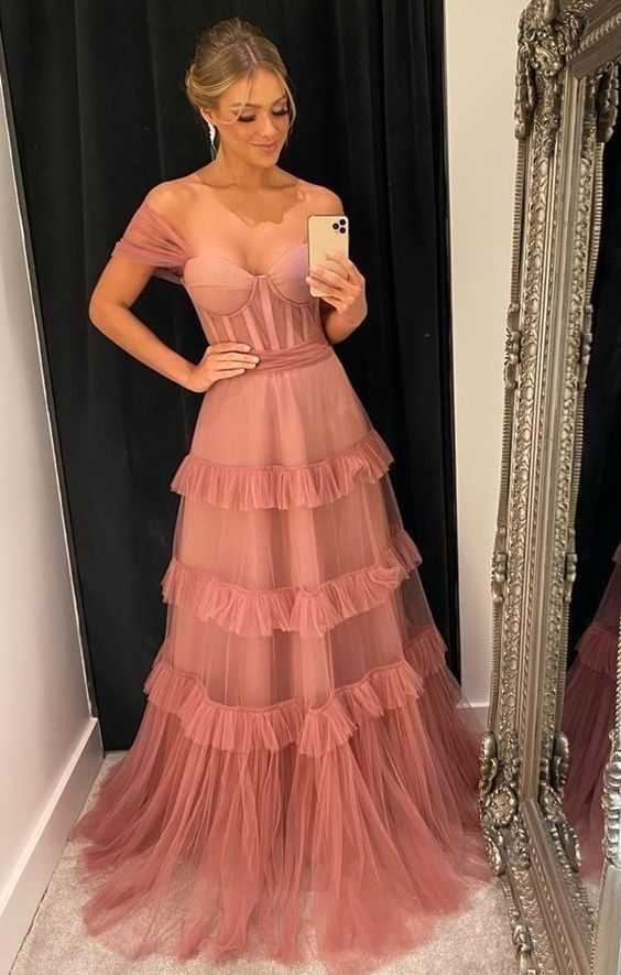 A-Line Off the Shoulder Long Tulle Prom Dress - VelvetHem