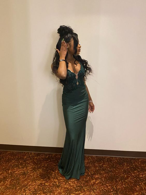 Green V Neck Mermaid Evening Dress Green Evening Gown Y6288 - VelvetHem