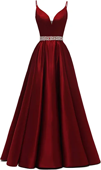 A-line Spaghetti Straps V Neck Prom Dress,Burgundy Satin Evening Dress Y1272 - VelvetHem