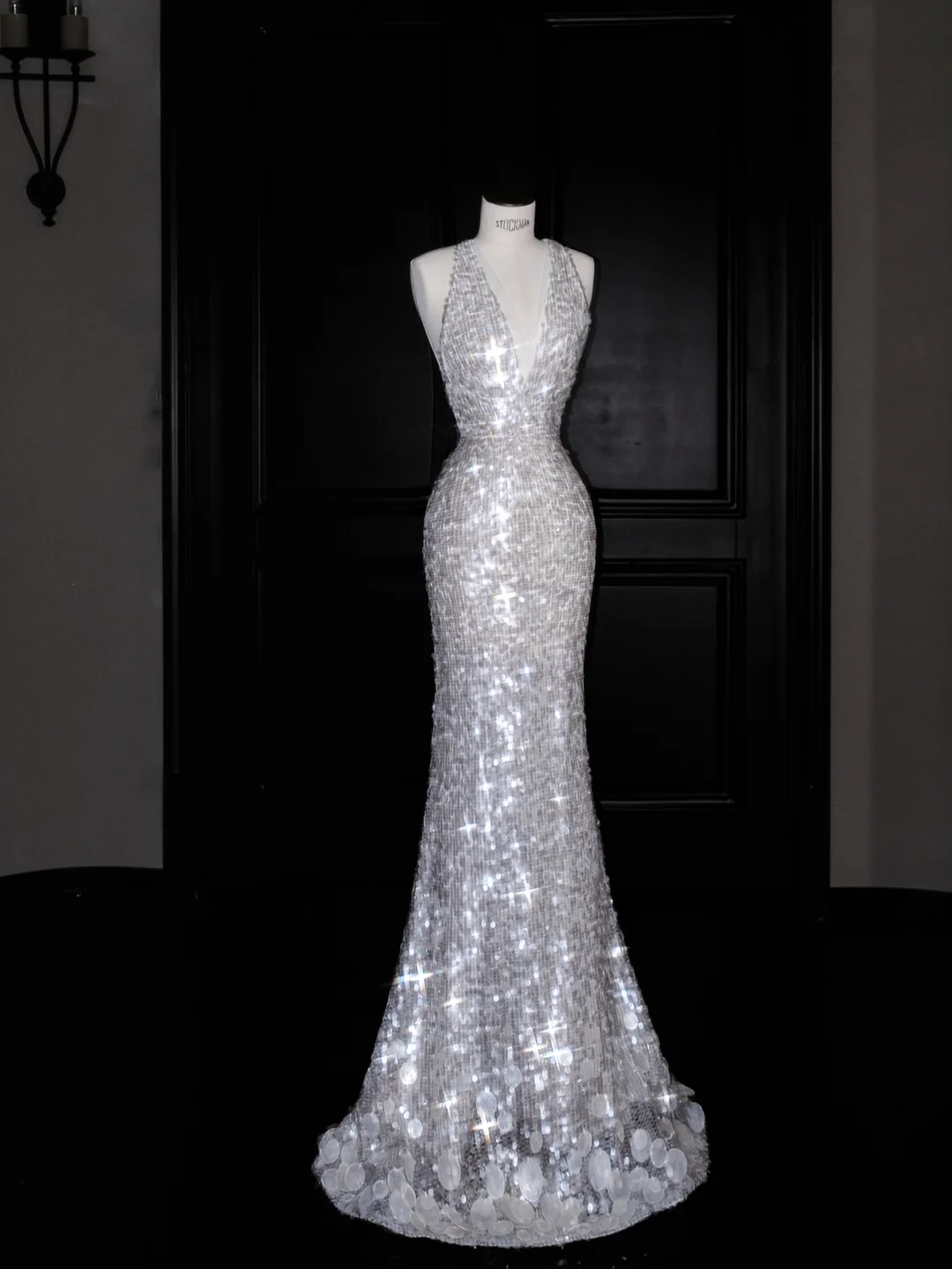 Sexy V Neck Silver Sequins Backless Mermaid Prom Dress Evening Dress Y8680 - VelvetHem