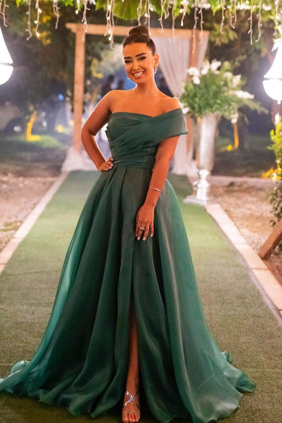 Dark Green Strapless One Shoulder Front Split Evening Dress With Bowknot - VelvetHem