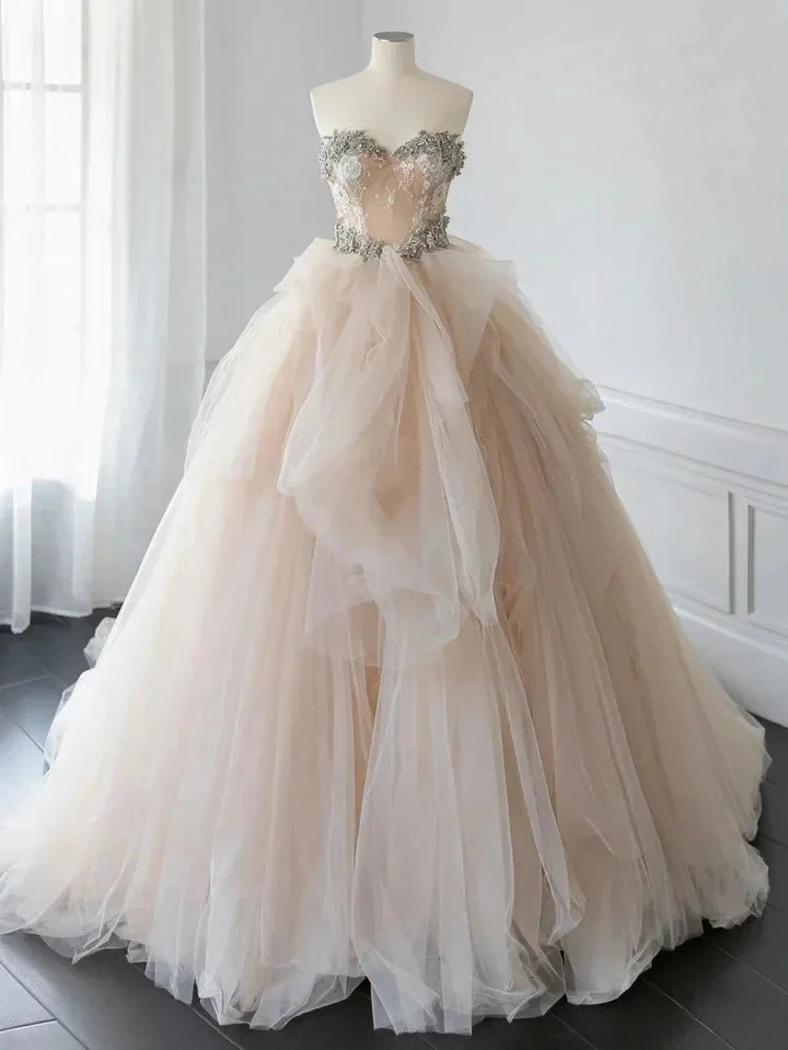 Beautiful Champagne Tulle Beaded Ball Gown Sweet Wedding Dress (ZD13726) - VelvetHem
