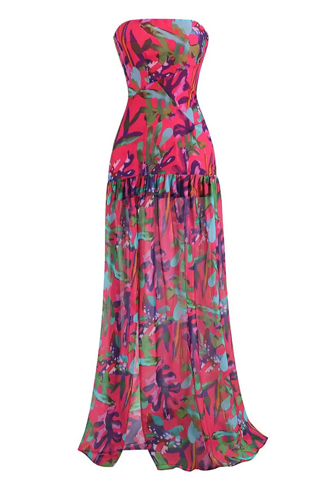 Isis Elevated Strapless Maxi Dress with Slit and Print Statement Occasion Edit