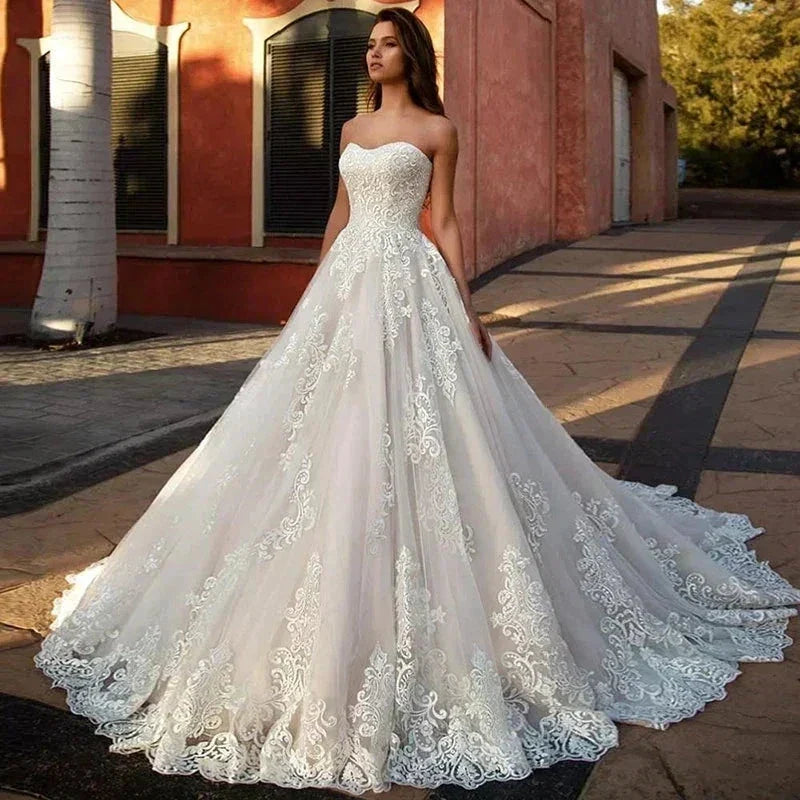 Wedding Dresses Sweetheart Prom Gowns Women's A-Line Sleeveless Lace Applique Back Tie Design Customization Robe Vestidos De Muj (ZD14148)