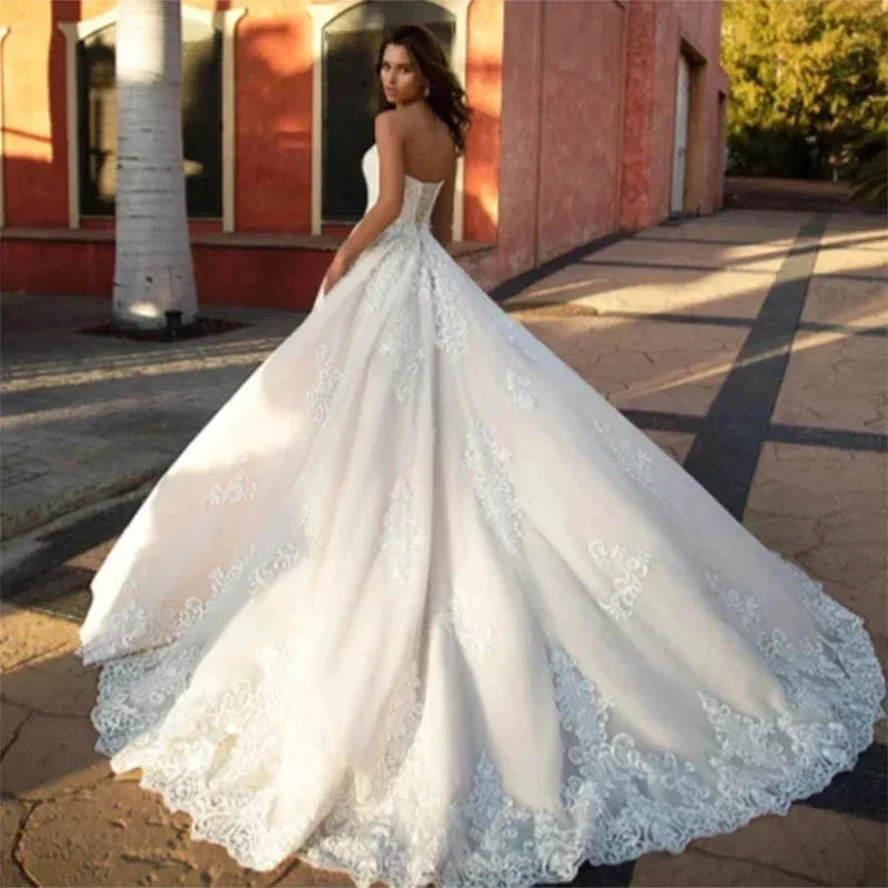 Wedding Dresses Sweetheart Prom Gowns Women's A-Line Sleeveless Lace Applique Back Tie Design Customization Robe Vestidos De Muj (ZD14148)