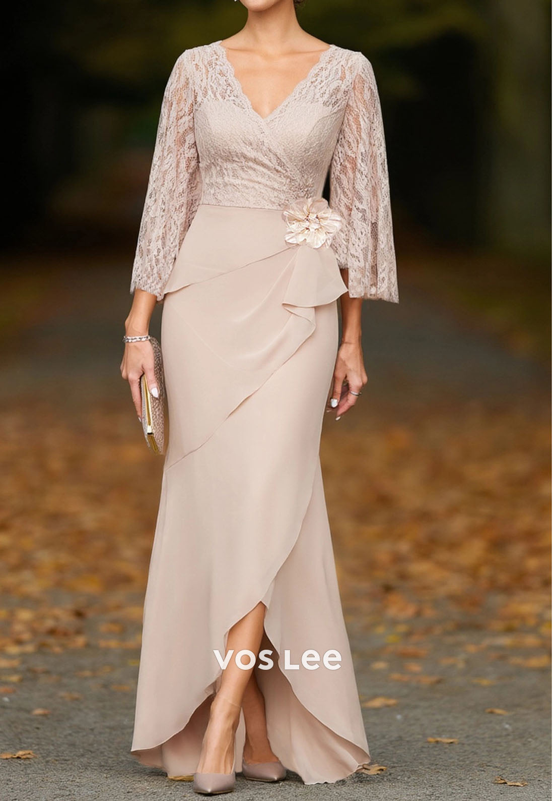 Wedding Dress Apricot V Neck Lace Maxi Mother of the Bride Dress