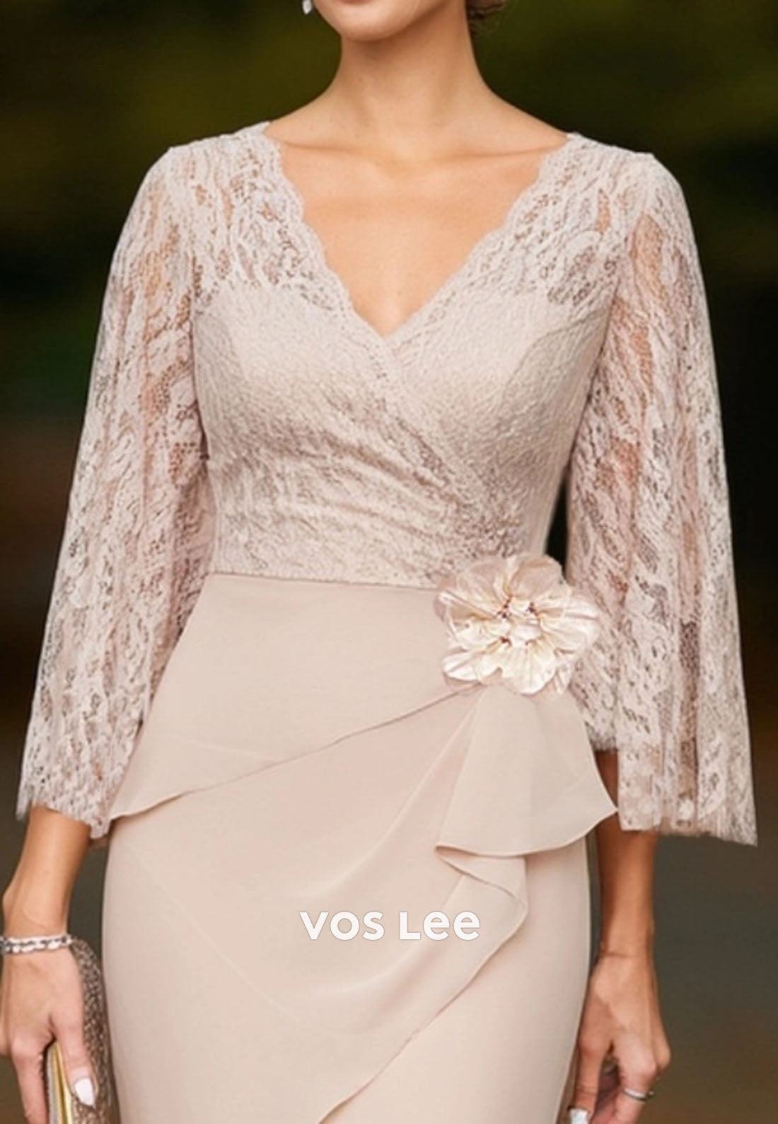 Wedding Dress Apricot V Neck Lace Maxi Mother of the Bride Dress