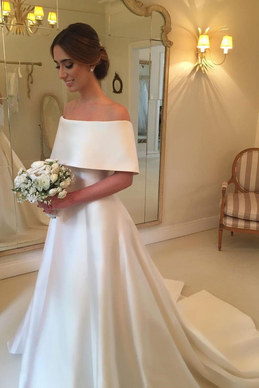 White A-line Satin Wedding Dresses | Off the Shoulder Court Train Simple Bridal Gowns