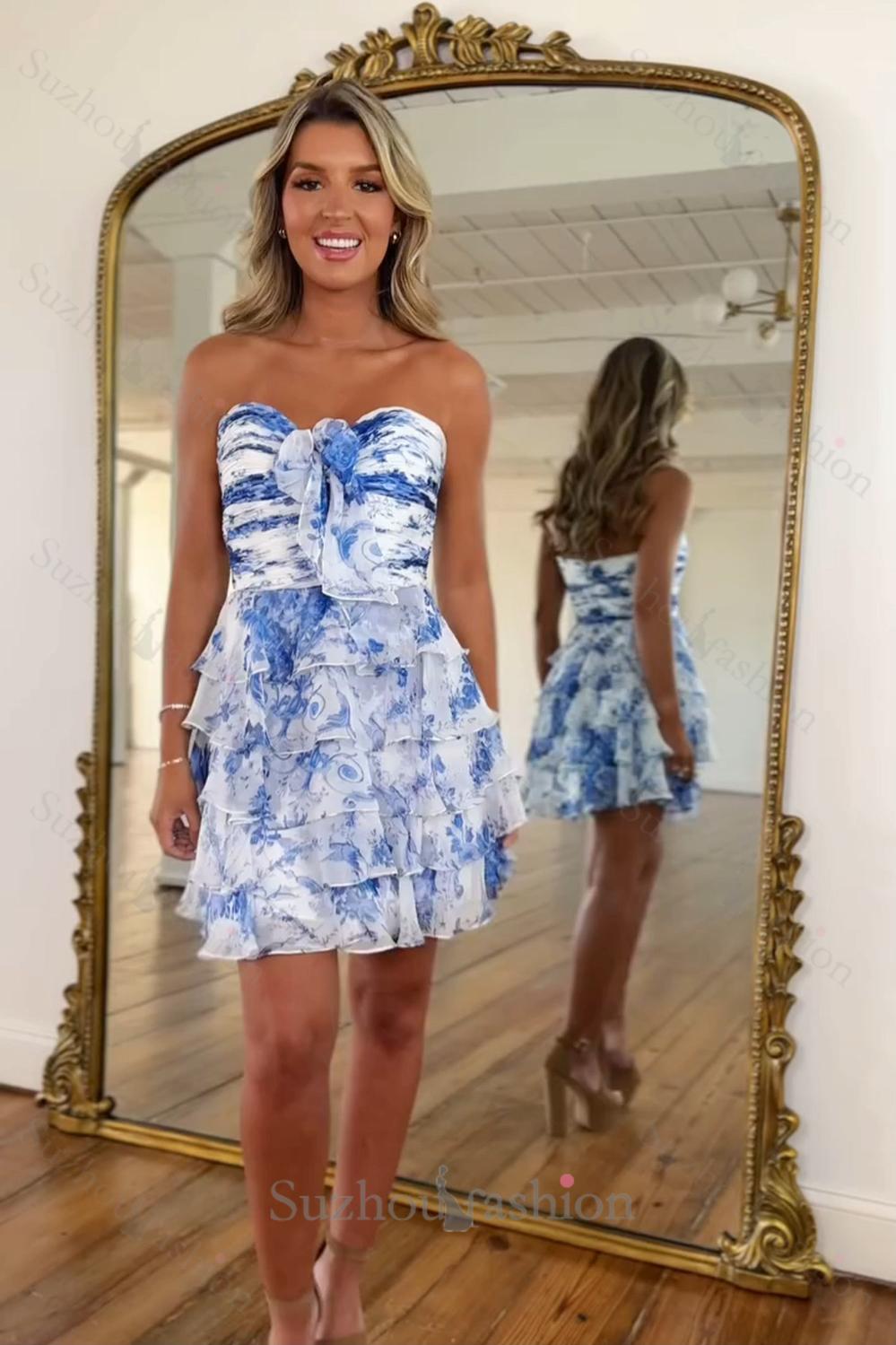 White And Blue Floral Homecoming Dresses Strapless Short Ruffled Cocktail Dresses With Bow
