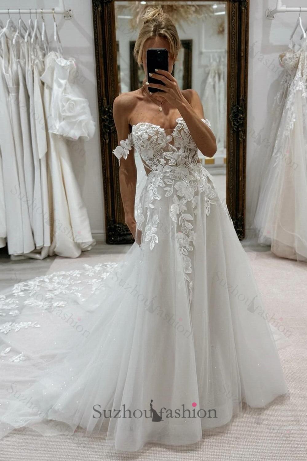 White Beach Wedding Dress A Line Lace Off The Shoulder Sleeveless Cathedral Train Tulle Bridal Gown With Appliques