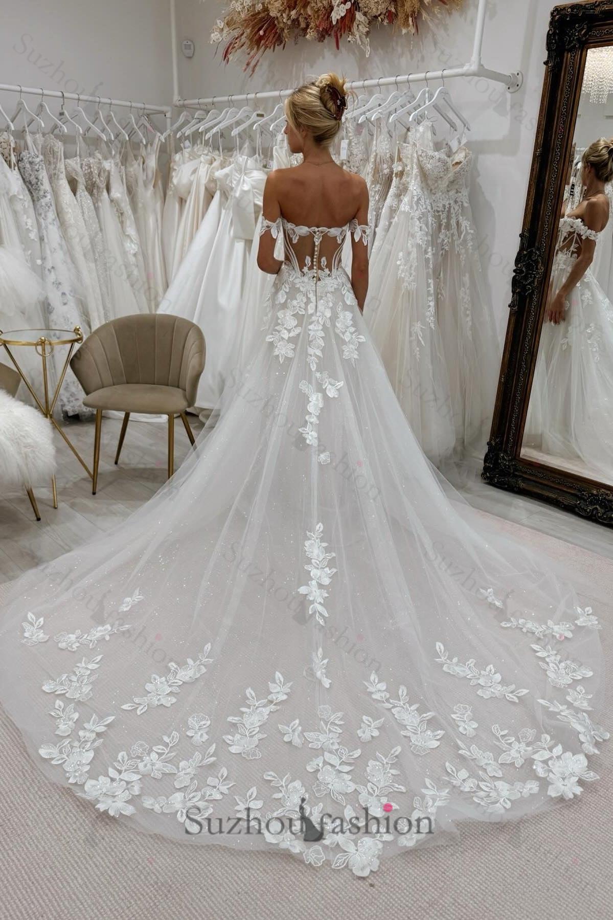 White Beach Wedding Dress A Line Lace Off The Shoulder Sleeveless Cathedral Train Tulle Bridal Gown With Appliques