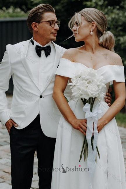 White Beach Wedding Dress A Line Off The Shoulder Split Front Lace Up Long Bridal Gown Panel Train