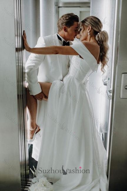 White Beach Wedding Dress A Line Off The Shoulder Split Front Lace Up Long Bridal Gown Panel Train