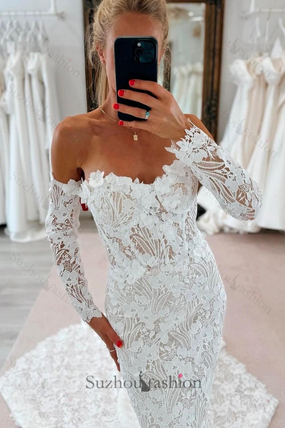 White Beach Wedding Dress Lace Mermaid Sweetheart Off The Shoulder Long Sleeves Cathedral Train Bridal Gown