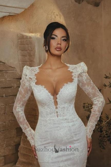 White Beach Wedding Dress Mermaid Portrait Sweetheart Long Sleeve Lace Bridal Gown