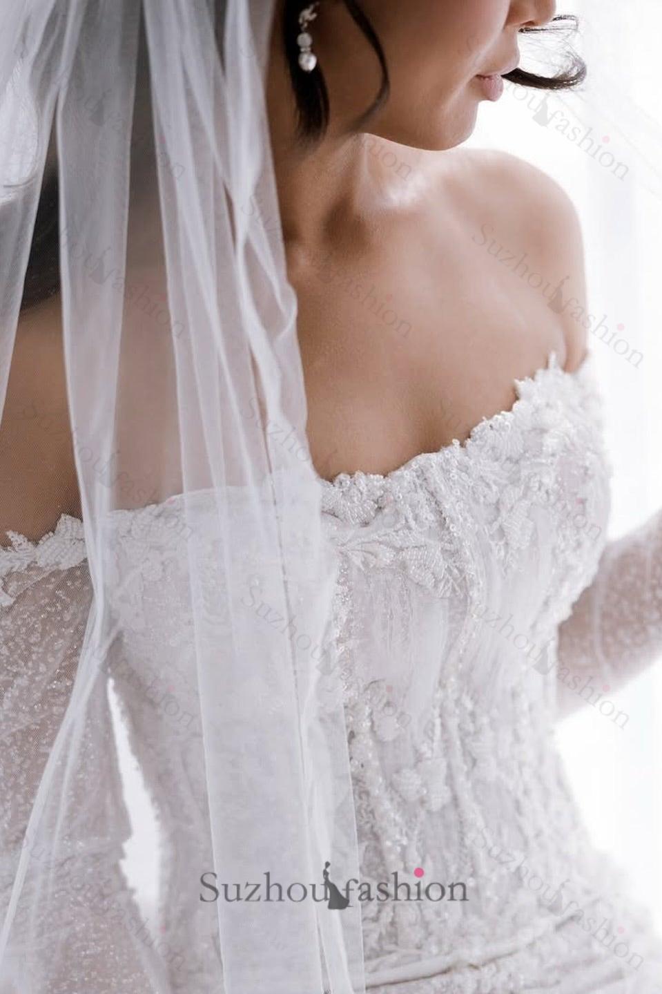 White Beach Wedding Dress Mermaid Strapless Off The Shoulder Beaded Lace Long Sleeves Cathedral Train Tulle Bridal Gown