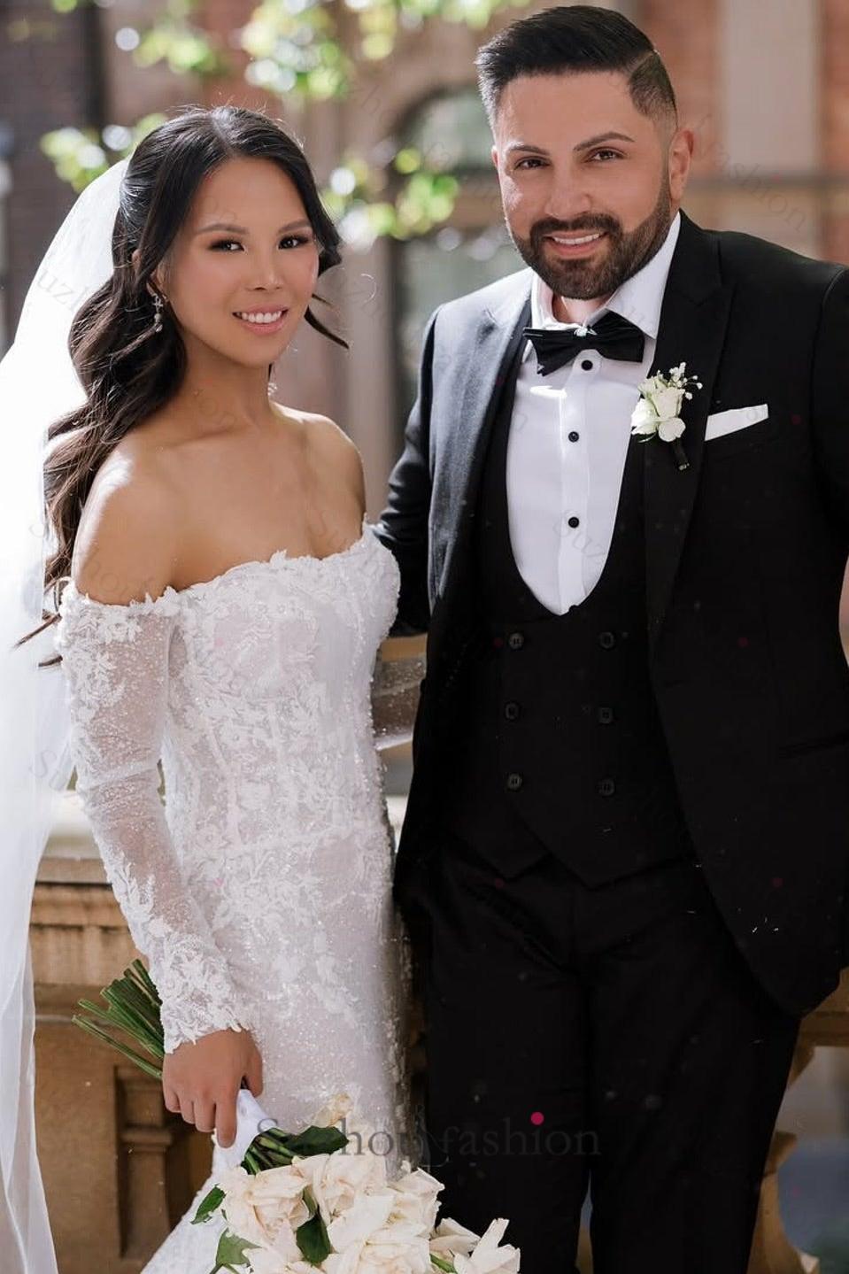 White Beach Wedding Dress Mermaid Strapless Off The Shoulder Beaded Lace Long Sleeves Cathedral Train Tulle Bridal Gown