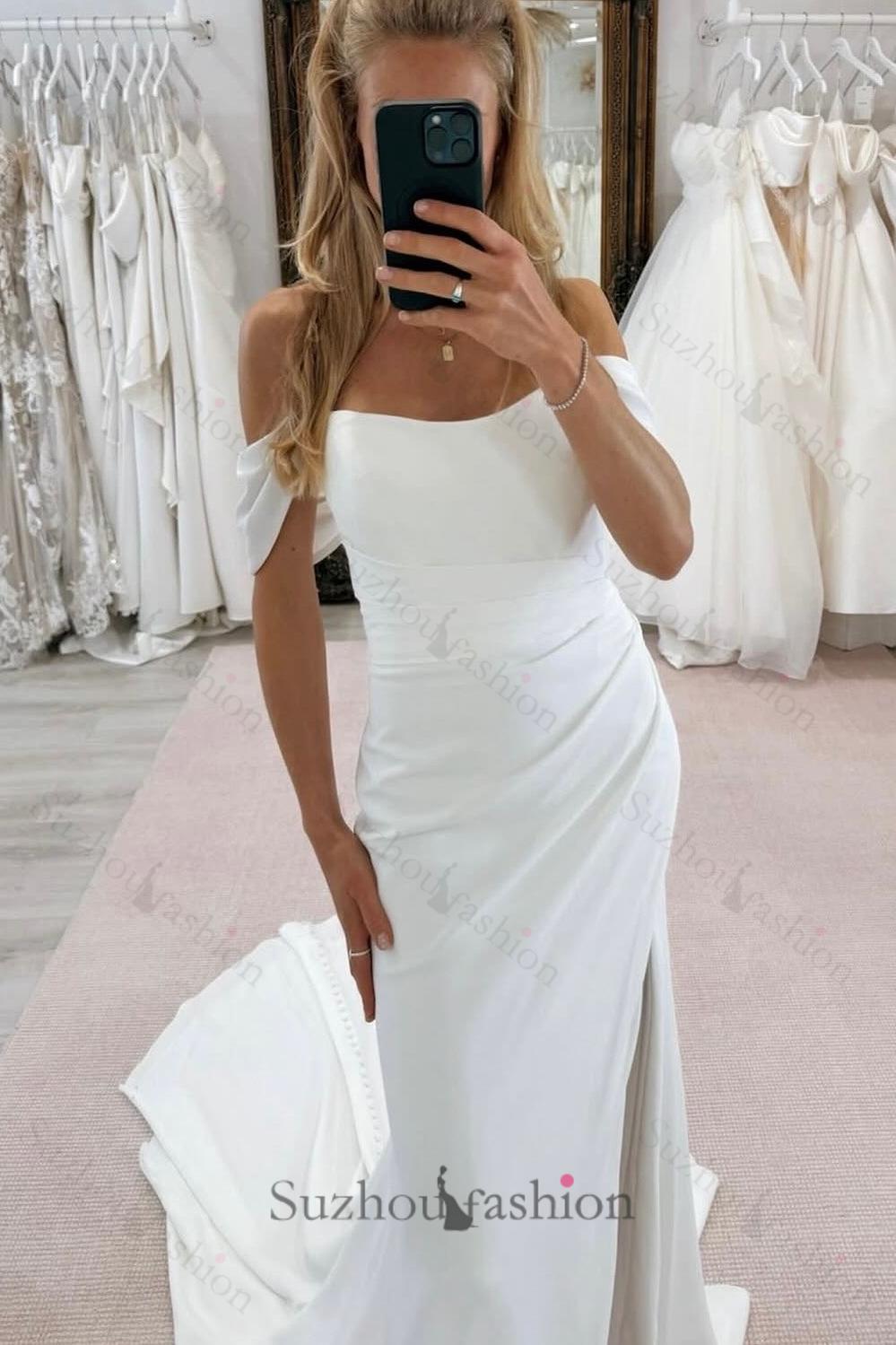 White Beach Wedding Dress Mermaid Strapless Off The Shoulder Sleeveless Chapel Train Satin Bridal Gown With Slit