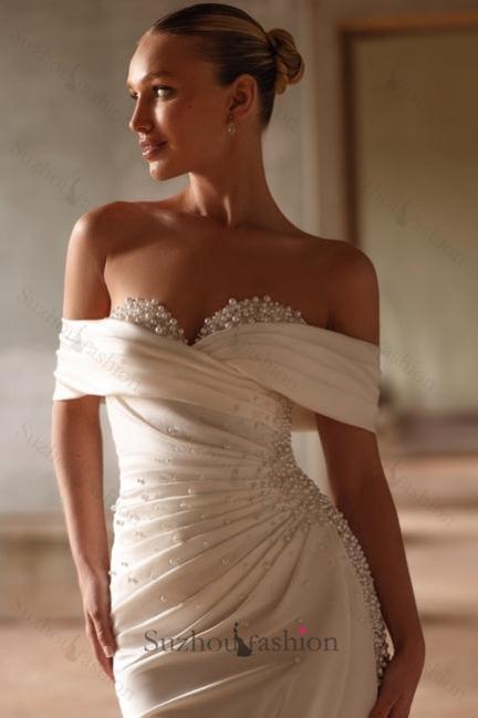 White Beach Wedding Dress Mermaid Sweetheart Off The Shoulder Sleeveless Panel Train Satin Bridal Gown With Pearls