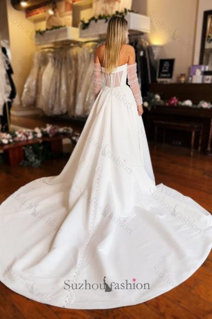 White Beach Wedding Dress Strapless A Line Sleeveless Long Satin Split Front Bridal Gown With Ruffles