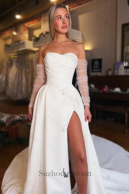White Beach Wedding Dress Strapless A Line Sleeveless Long Satin Split Front Bridal Gown With Ruffles