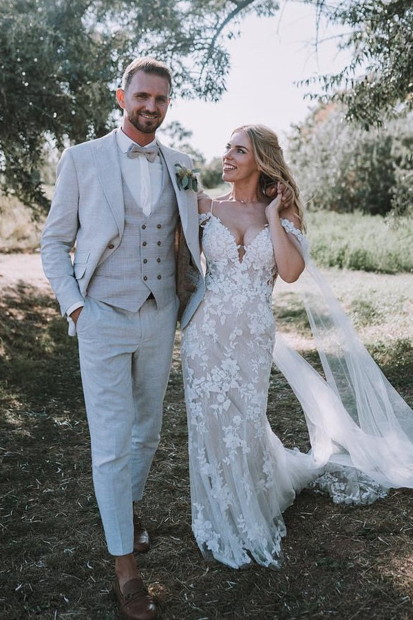 White Beach Wedding Dress V Neck Lace Mermaid Spaghetti Strap Off The Shoulder Cap Sleeves Long Bridal Gown