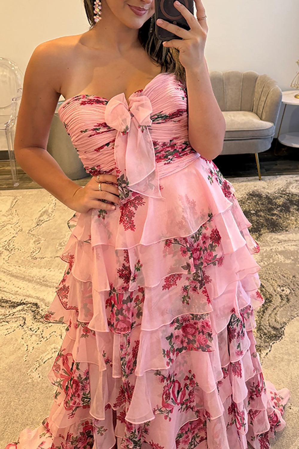 Suzhoufashion White Blue Floral Prom Dress Sweetheart A Line Tiered Ruffled Long Formal Dress With Bow