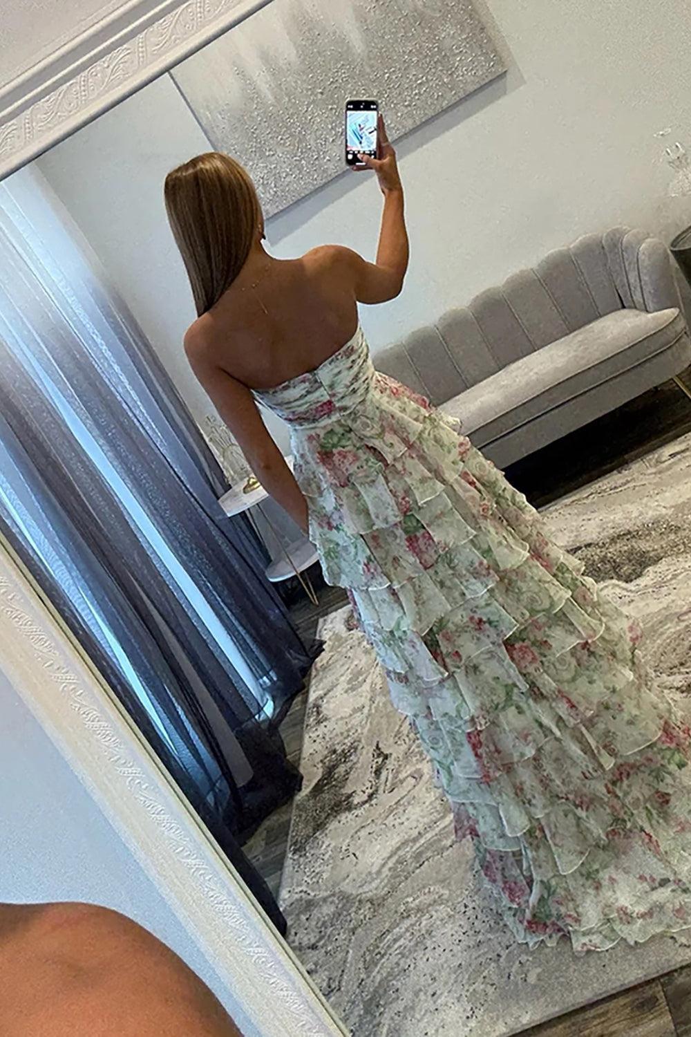 Suzhoufashion White Blue Floral Prom Dress Sweetheart A Line Tiered Ruffled Long Formal Dress With Bow