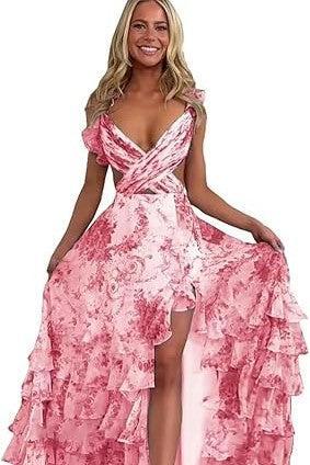 White Blue Prom Dress Flower Cold Shoulder Ruffles Long Formal Dress With Slit