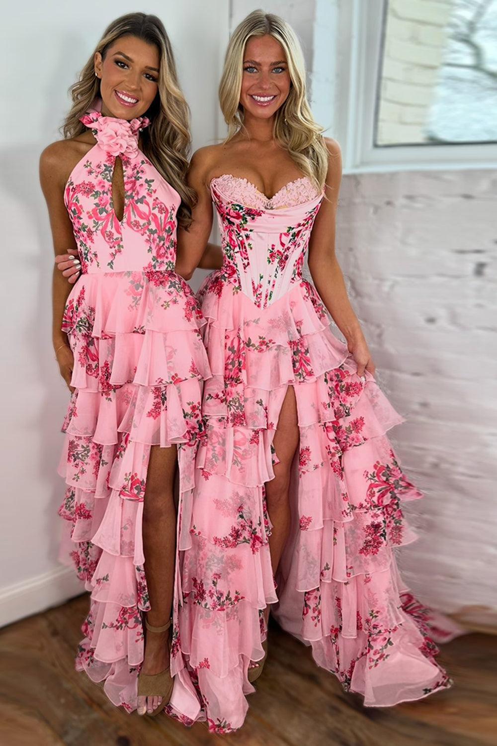 White Blue Prom Dress Flower Tiered Sweetheart Corset Long Formal Dress