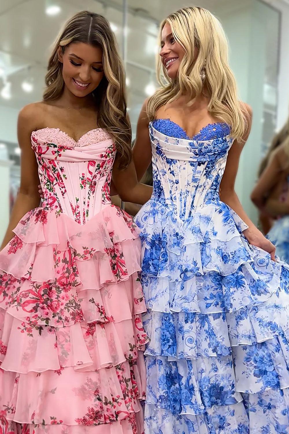 White Blue Prom Dress Flower Tiered Sweetheart Corset Long Formal Dress