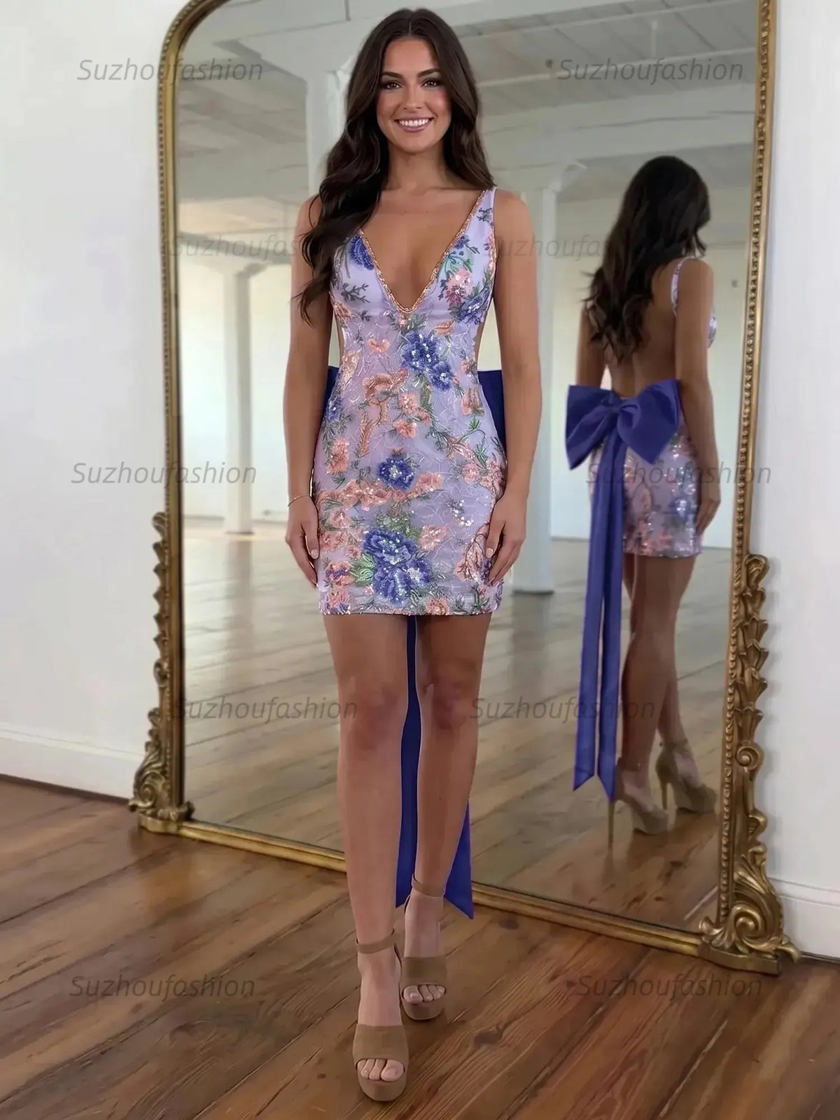 Suzhoufashion White Floral Embroidered Deep V-Neck Homecoming Dress with Oversized Bow Train