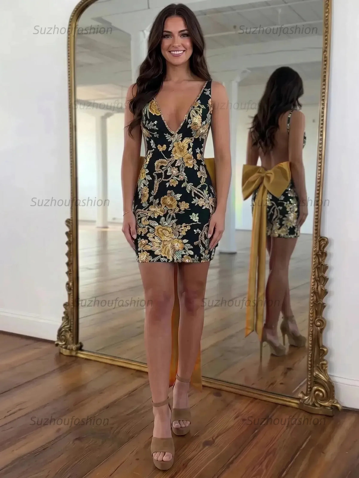 Suzhoufashion White Floral Embroidered Deep V-Neck Homecoming Dress with Oversized Bow Train