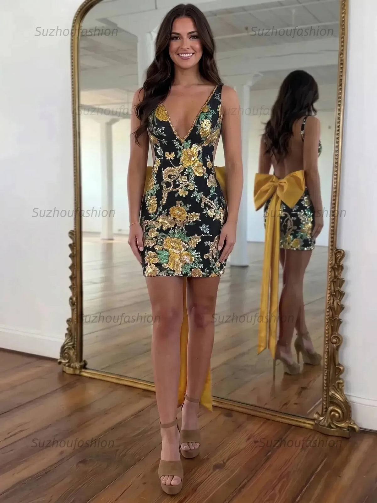 Suzhoufashion White Floral Embroidered Deep V-Neck Homecoming Dress with Oversized Bow Train