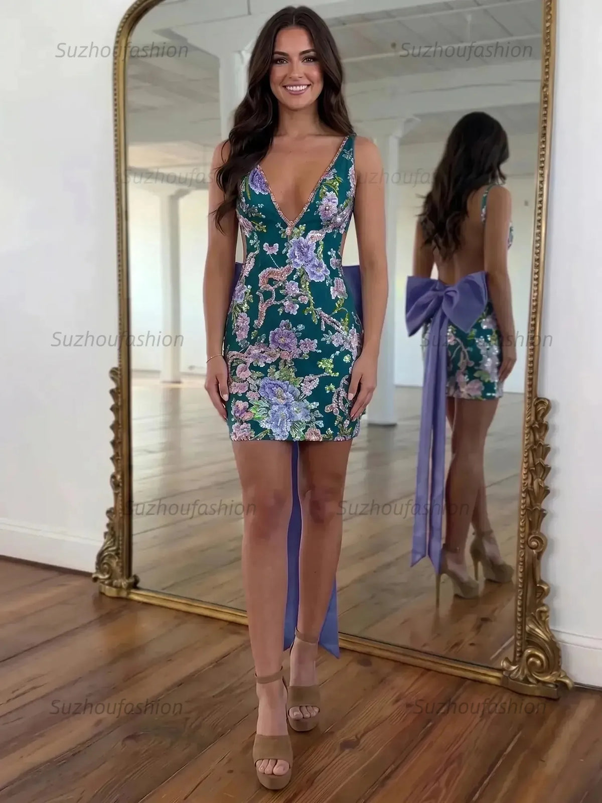 Suzhoufashion White Floral Embroidered Deep V-Neck Homecoming Dress with Oversized Bow Train