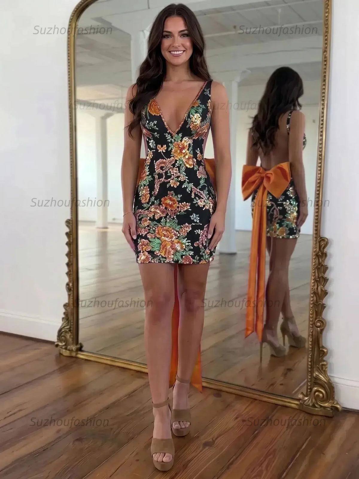 Suzhoufashion White Floral Embroidered Deep V-Neck Homecoming Dress with Oversized Bow Train