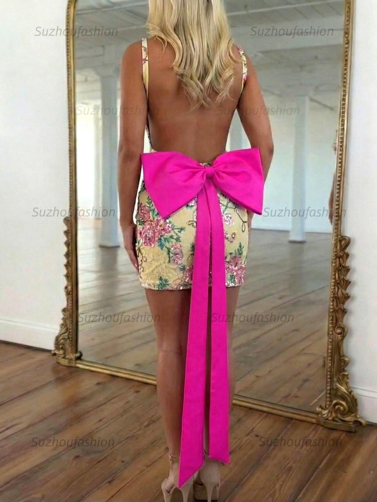 Suzhoufashion White Floral Embroidered Deep V-Neck Homecoming Dress with Oversized Bow Train