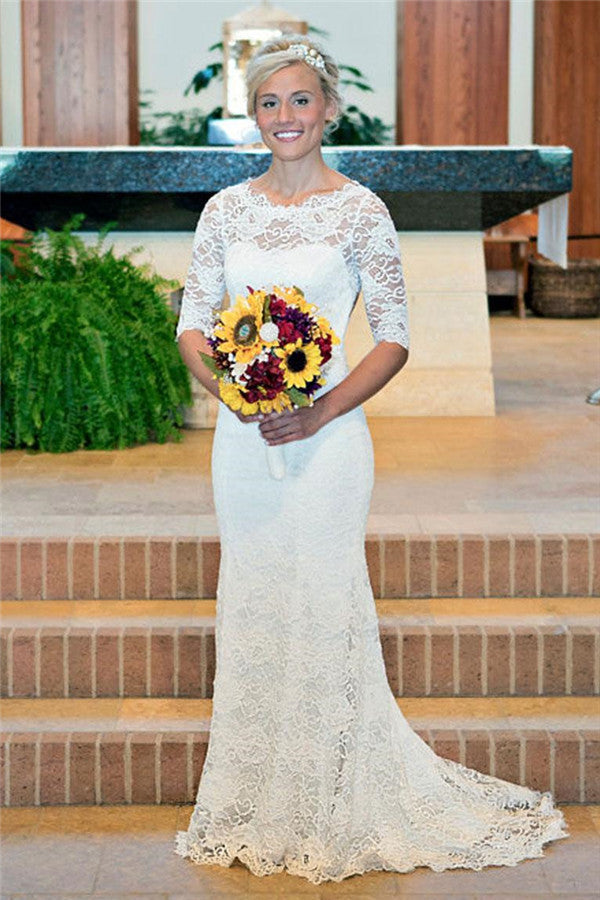 White Half Sleeve Sexy Mermaid Bridal Gown Sweep Train Trumpet Lace Beach Wedding Dresses
