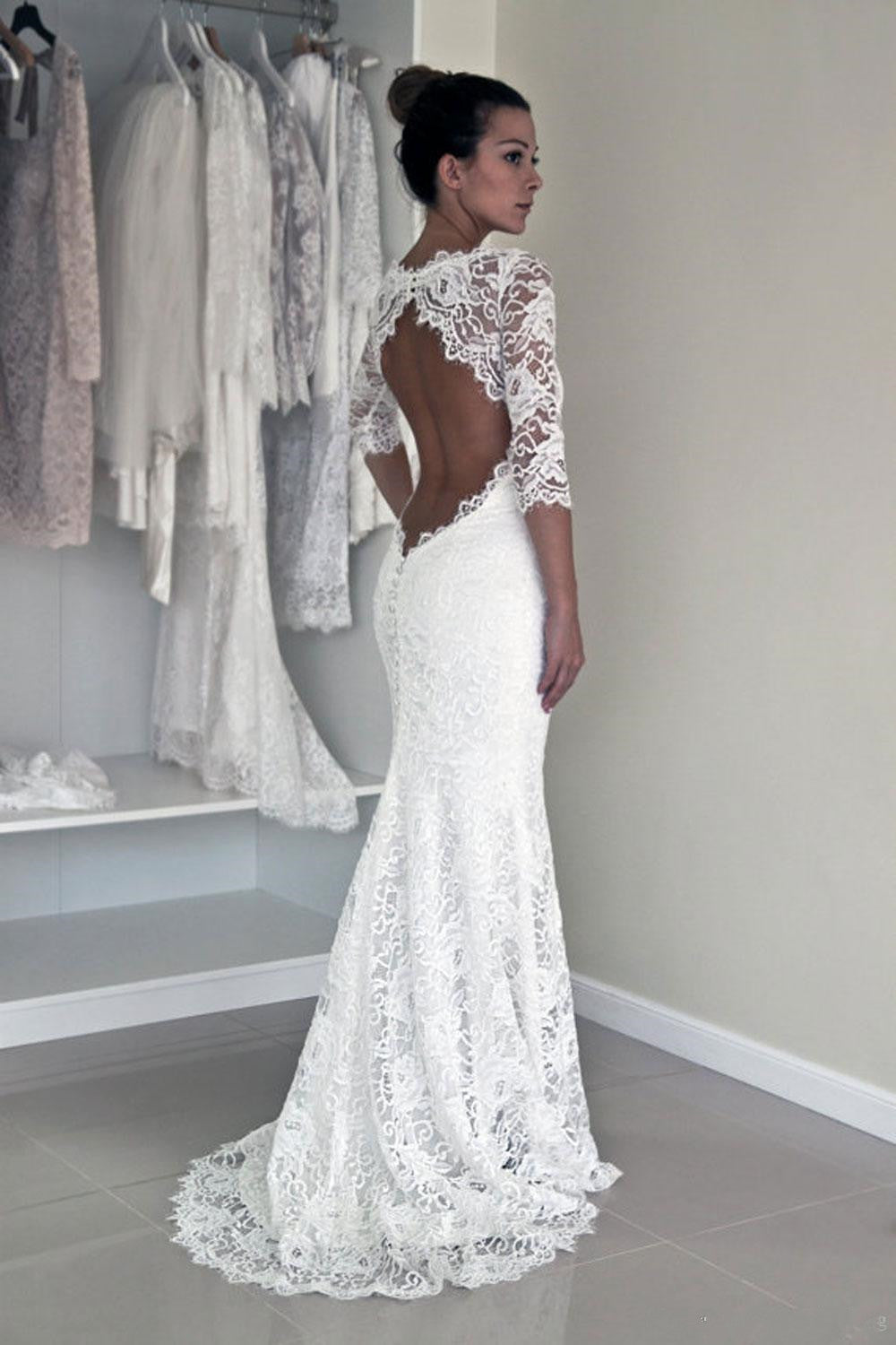 White Half Sleeve Sexy Mermaid Bridal Gown Sweep Train Trumpet Lace Beach Wedding Dresses