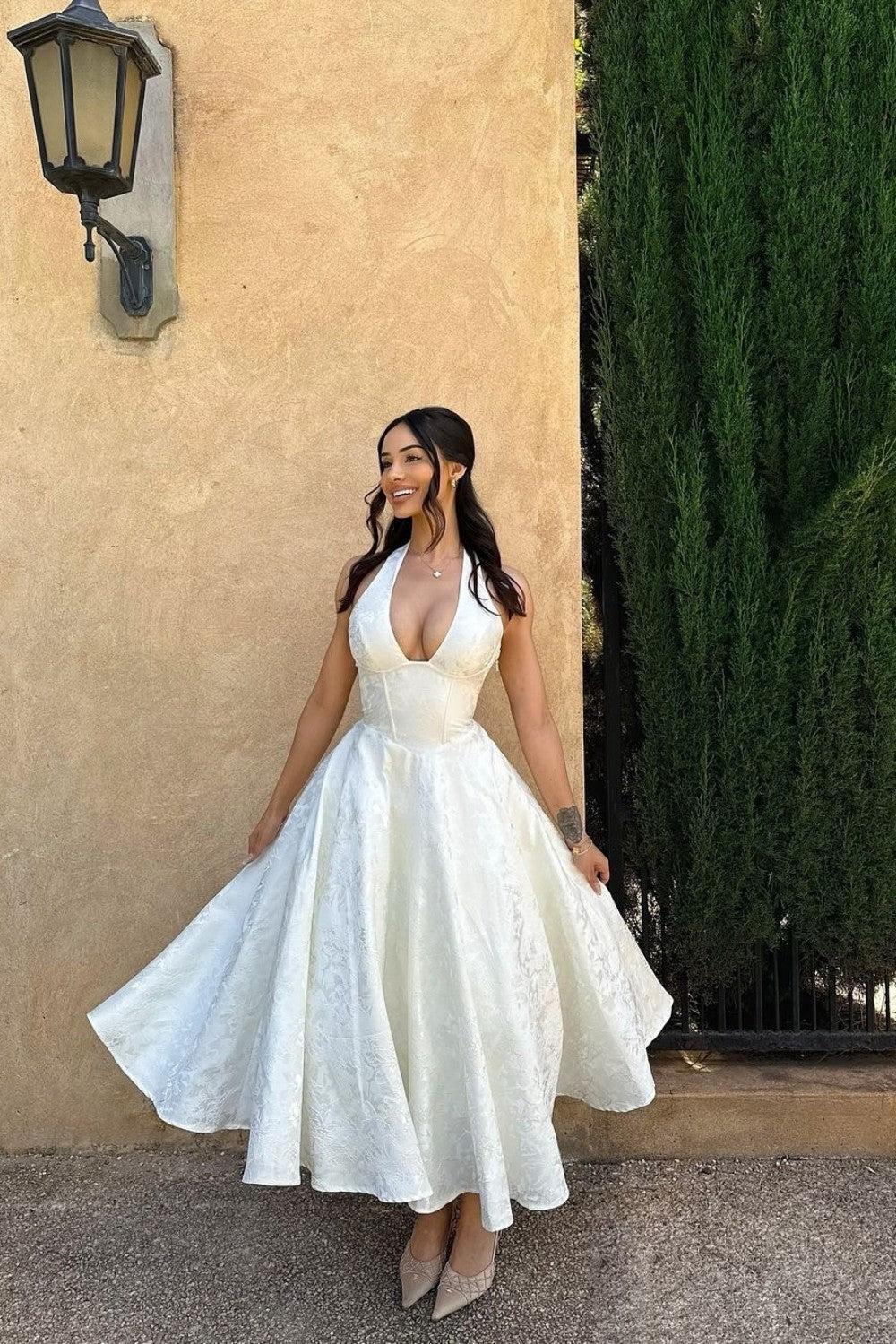 Suzhoufashion White Halter A-Line Jacquard Midi Prom Dress With Structured Corset Bodice Formal Evening Gown