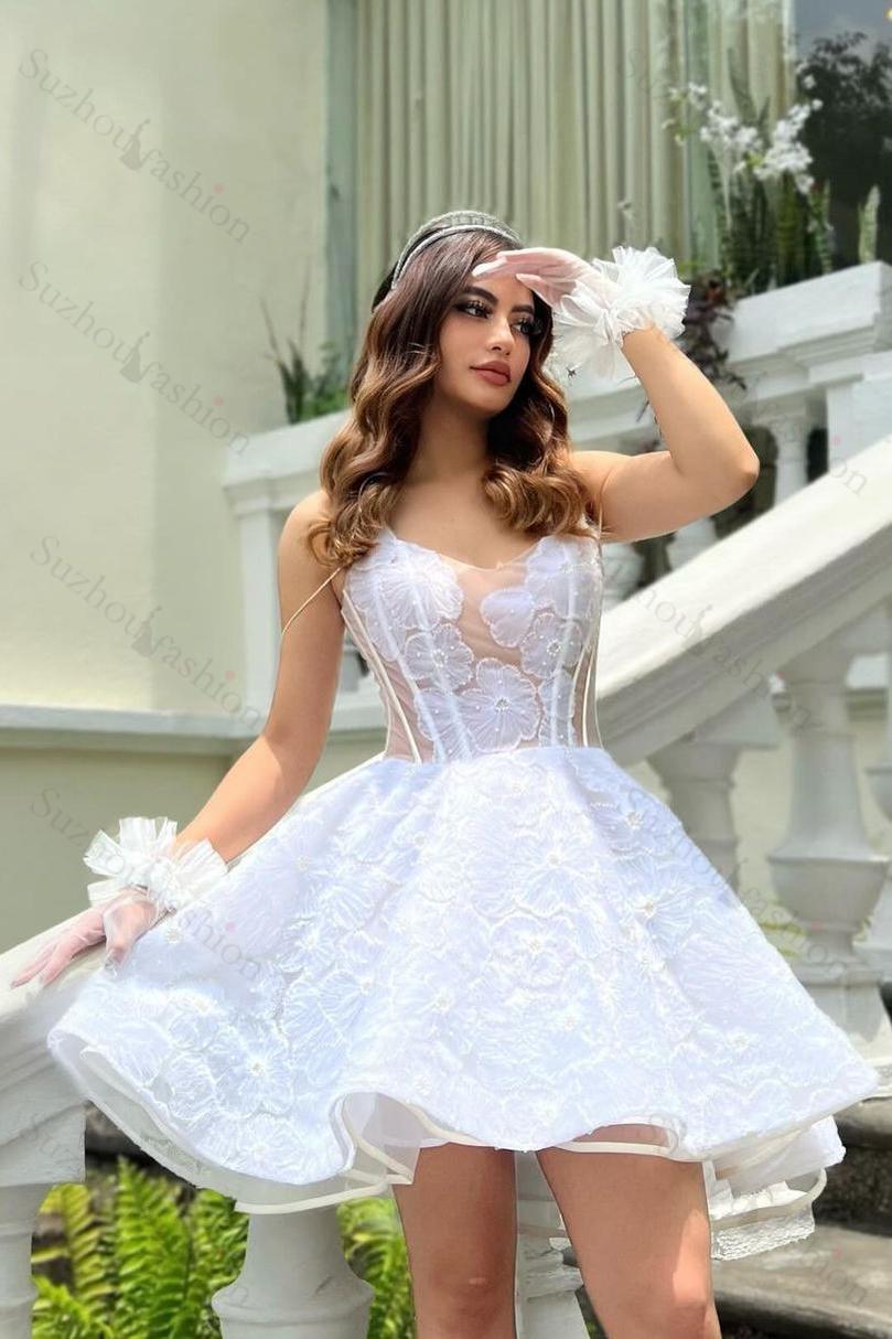 White Homecoming Dress Spaghetti Strap A Line Short Cocktail Dress With Appliques