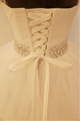 White Lace Sweetheart Crystal Long Wedding Dresses Ball Gown Lace-Up Tulle Fitted Bridal Gowns