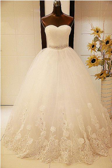 White Lace Sweetheart Crystal Long Wedding Dresses Ball Gown Lace-Up Tulle Fitted Bridal Gowns