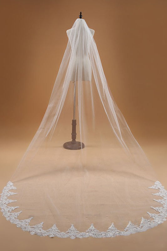 White Long Bridal Veil with Lace