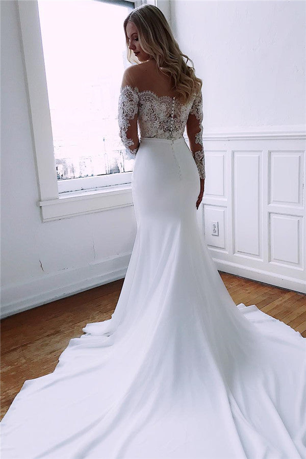 White Long-Sleeves Lace Illusion-Jewel Fascinating Chapel-Train Mermaid Wedding Dresses