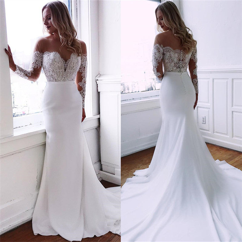 White Long-Sleeves Lace Illusion-Jewel Fascinating Chapel-Train Mermaid Wedding Dresses