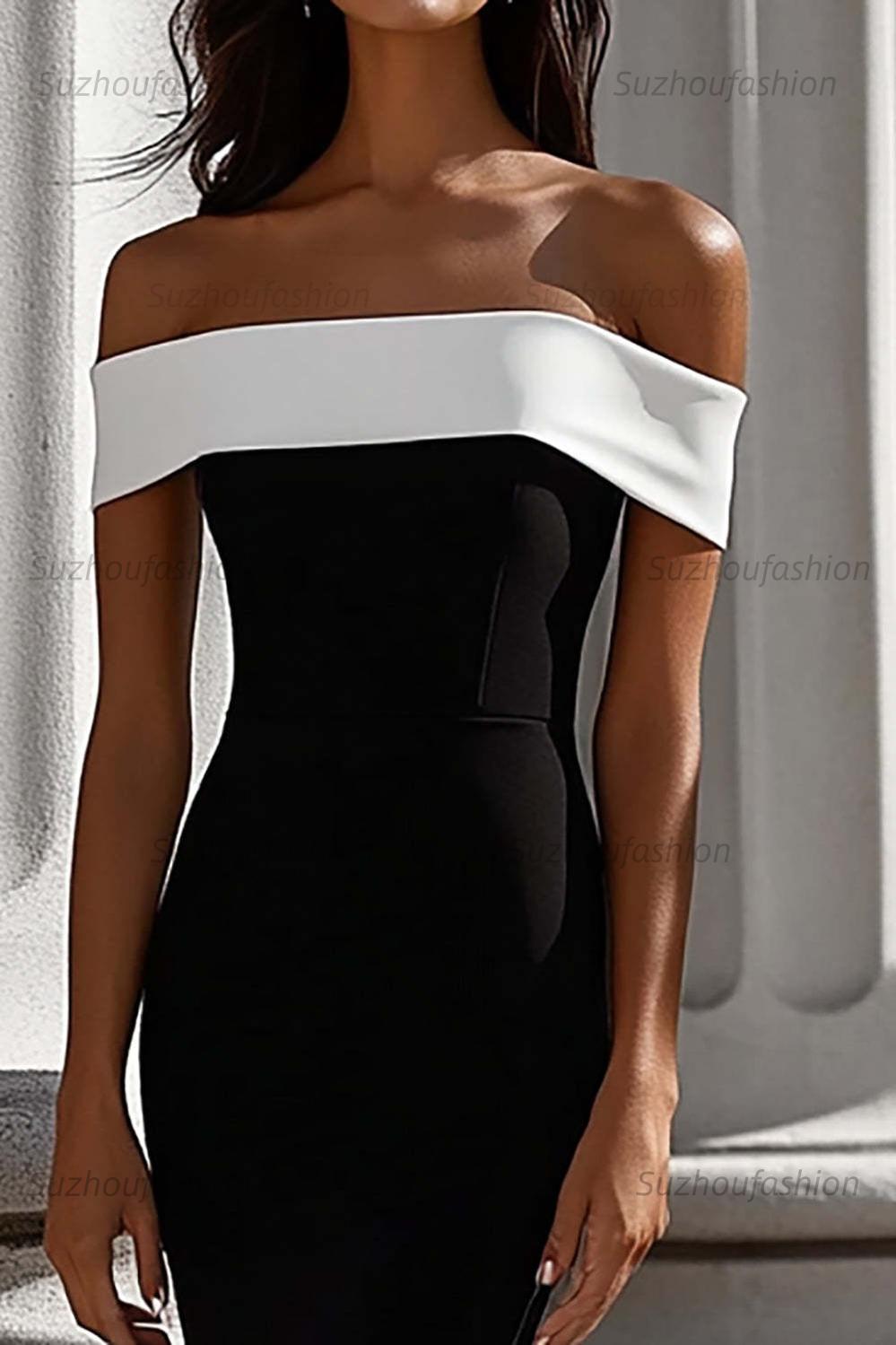 Suzhoufashion White Mermaid Off The Shoulder Long Satin Black Tie Dress