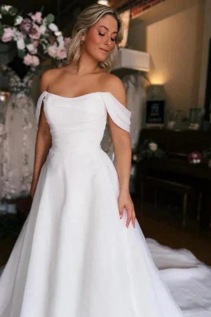 White Off the shoulder High split Wedding Dress (ZD16489) - VelvetHem